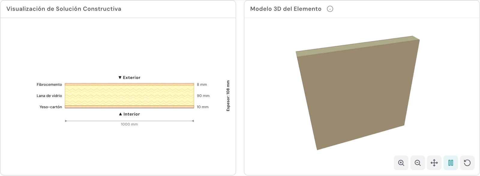 ThermCheck, visualización de la solución constructiva de un muro en 2D y 3D.